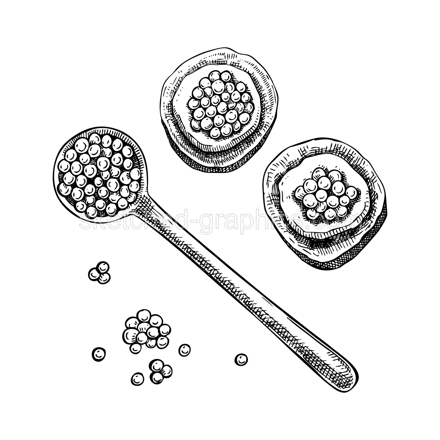 Hand drawn red caviar sketches set. Caviar canape with bread slice and cream cheese, in spoon vector drawings in engraved style. Seafood delicacy illustrations set for restaurant or finger food menu Illustration